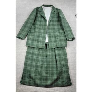Vintage Handmade Wool Skirt Suit Green Plaid 2 Piece Set Elastic Waist Pockets
